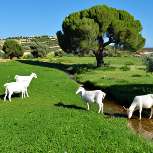 Home 18 A herd of healthy goats, with correct proportions and natural poses, peacefully grazing on a vibrant, diverse Mediterranean pastureland in Spain. The landscape features a mix of lush green grasses, drought-resistant shrubs like jara and lentisco, and scattered ancient oak trees providing natural shade. A clear, fresh stream meanders through the foreground, offering accessible water points. The overall scene conveys a sense of thriving nature and sustainable farming practices under a clear, bright sky. Professional photography, perfect anatomy, well-formed animals, natural body proportions, high quality, safe for work, appropriate content, fully clothed, modest, family-friendly.