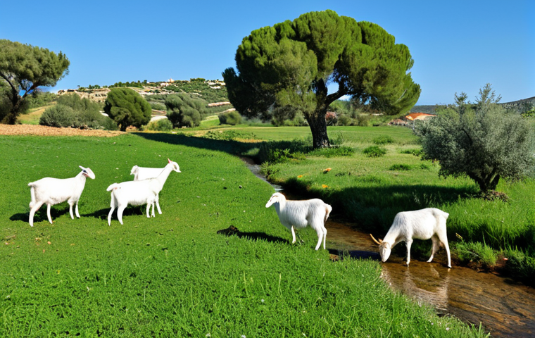 A herd of healthy goats, with correct proportions and natural poses, peacefully grazing on a vibrant, diverse Mediterranean pastureland in Spain. The landscape features a mix of lush green grasses, drought-resistant shrubs like jara and lentisco, and scattered ancient oak trees providing natural shade. A clear, fresh stream meanders through the foreground, offering accessible water points. The overall scene conveys a sense of thriving nature and sustainable farming practices under a clear, bright sky. Professional photography, perfect anatomy, well-formed animals, natural body proportions, high quality, safe for work, appropriate content, fully clothed, modest, family-friendly.