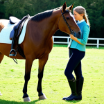 A professional equestrian, an adult female with a focused yet gentle expression, wearing modest riding attire including a fitted riding jacket, breeches, and riding boots. She is standing calmly next to a beautiful, well-groomed horse in a sunny outdoor paddock or pasture, observing its subtle body language. The horse is looking towards her with a relaxed, trusting gaze, emphasizing the silent communication between them. The background features natural elements like green grass and distant trees under clear skies. Perfect anatomy, correct proportions, natural pose, well-formed hands, proper finger count, natural body proportions. Safe for work, appropriate content, fully clothed, professional, family-friendly, high-quality photography, realistic, natural lighting.