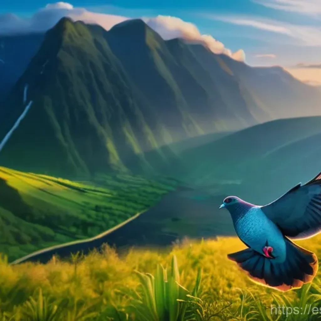 비둘기 택배 배송 사례 - **Prompt:** "A majestic homing pigeon in mid-flight, soaring over a vast, verdant valley at sunrise....