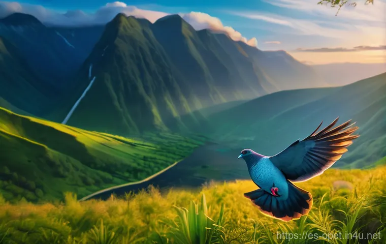 비둘기 택배 배송 사례 - **Prompt:** "A majestic homing pigeon in mid-flight, soaring over a vast, verdant valley at sunrise....