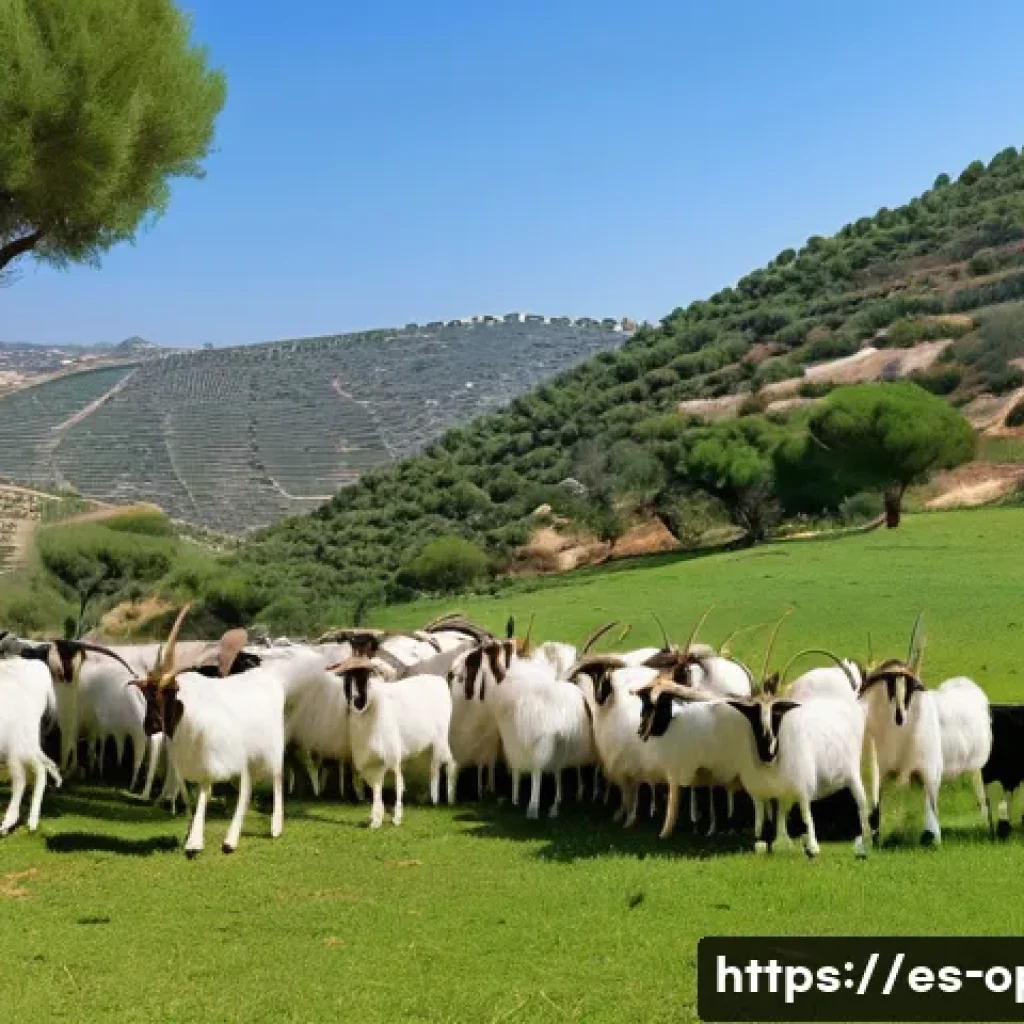 염소 무리 동작 관찰 - A detailed naturalistic scene of a herd of goats in a Mediterranean rural landscape, showing clear s...