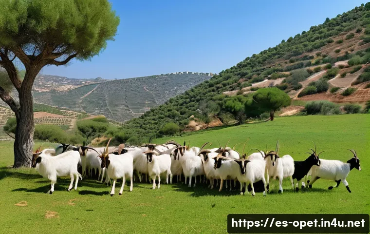 염소 무리 동작 관찰 - A detailed naturalistic scene of a herd of goats in a Mediterranean rural landscape, showing clear s...