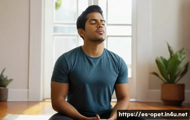 말 기초 훈련법 - A confident young Hispanic man practicing diaphragmatic breathing indoors, seated with an upright po...