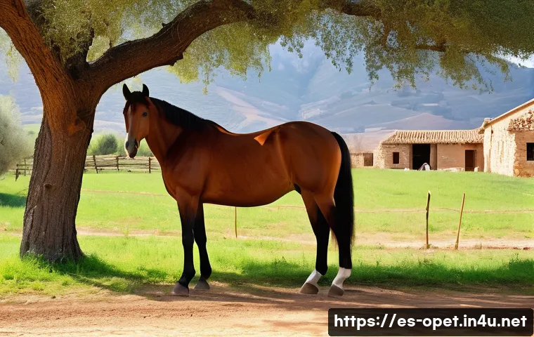 말 교배 방법 - A detailed scene of a responsible horse breeding farm in Spain during spring, showcasing a healthy s...