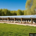 거위 대규모 사육비용 - A wide outdoor goose farm in Spain during springtime, featuring a large, well-drained grassy terrain...