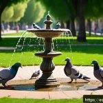 비둘기 전염병 예방 - A serene urban park scene in a Spanish city with healthy pigeons feeding on natural grains scattered...