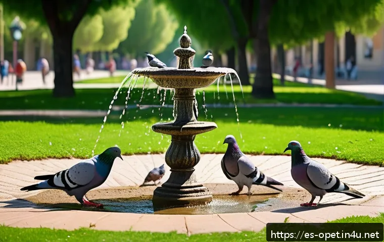 비둘기 전염병 예방 - A serene urban park scene in a Spanish city with healthy pigeons feeding on natural grains scattered...