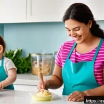 양유 아이스크림 제조 - A cozy, warm scene showing a mother lovingly preparing homemade breast milk ice cream in a bright, c...