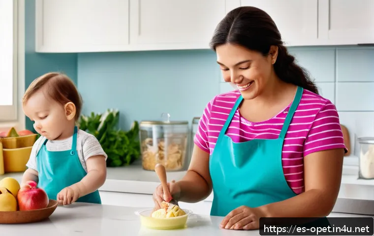 양유 아이스크림 제조 - A cozy, warm scene showing a mother lovingly preparing homemade breast milk ice cream in a bright, c...
