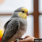 칵테일 앵무새 훈련법 - A sweet cockatiel perched calmly on a person's hand inside a cozy, softly lit room with warm natural...