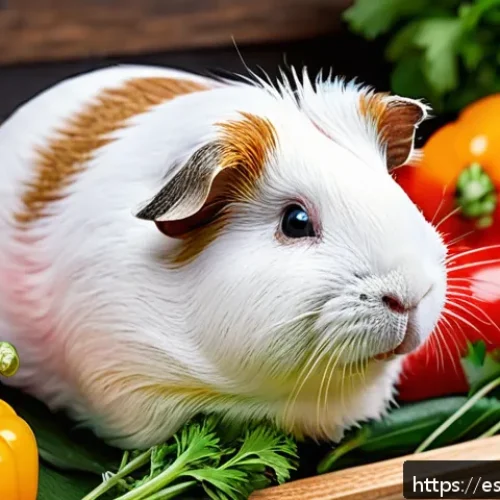 기니피그 간식 추천 - A cozy indoor scene featuring a healthy guinea pig nibbling on a colorful fresh vegetable platter in...