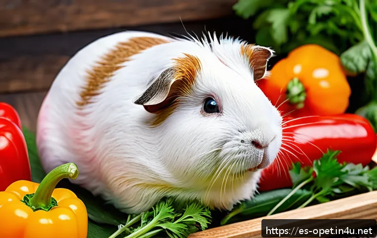 기니피그 간식 추천 - A cozy indoor scene featuring a healthy guinea pig nibbling on a colorful fresh vegetable platter in...