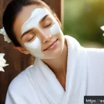 염소 우유 피부 효능 - A serene spa scene featuring a woman with smooth, glowing skin gently applying goat milk cream on he...