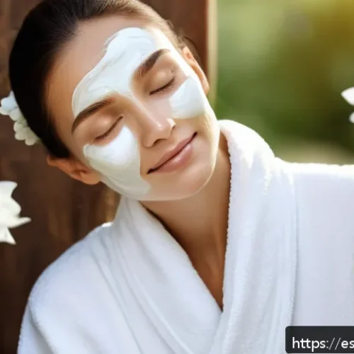 염소 우유 피부 효능 - A serene spa scene featuring a woman with smooth, glowing skin gently applying goat milk cream on he...