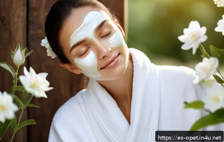 염소 우유 피부 효능 - A serene spa scene featuring a woman with smooth, glowing skin gently applying goat milk cream on he...