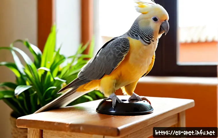 칵테일 앵무새 노래 훈련 - Photorealistic cockatiel song training scene in a bright Spanish-style apartment living room, a chee...