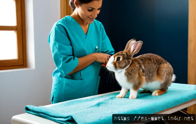 토끼 질병 치료법 - Photorealistic veterinary clinic scene in Spain, compassionate Spanish-speaking veterinarian in clea...